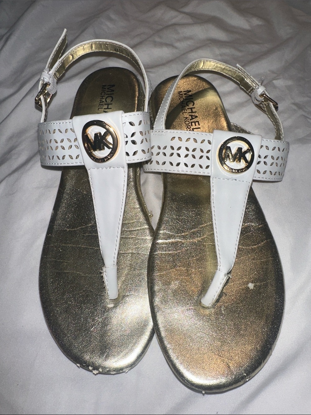 MICHAEL Michael Kors White and Gold MK T-Strap Sandals